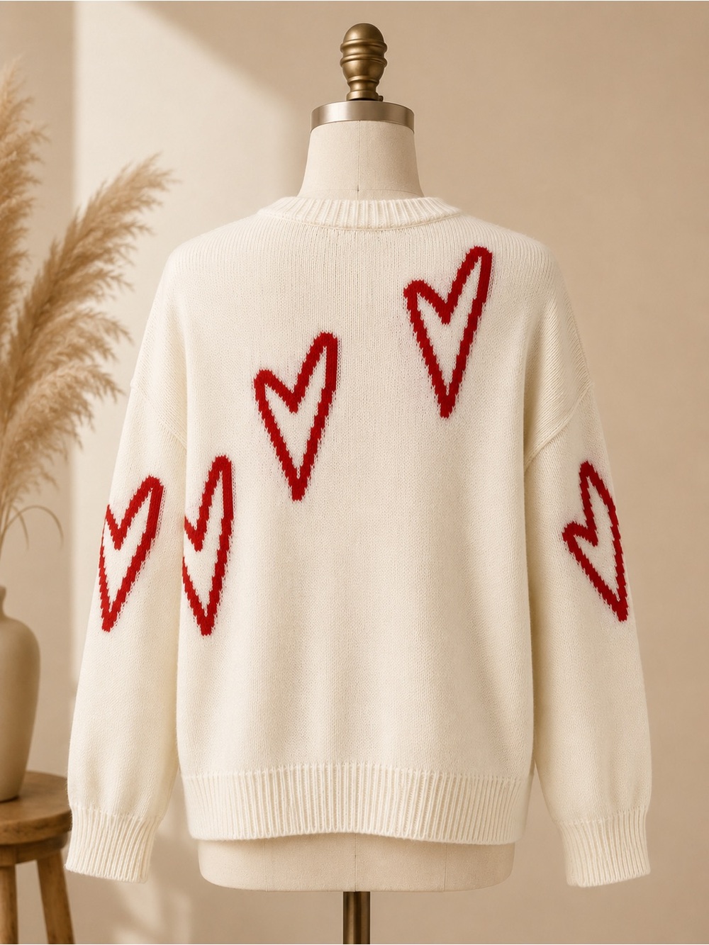Elan Ivory Heart Print Soft Girl Crewneck Sweater Oversized Cozy Knit Pullover L - Picture 6 of 17